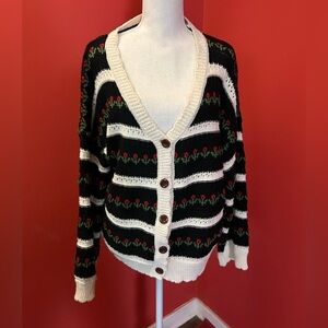 Cozy Black and Cream Striped Cardigan Sweater